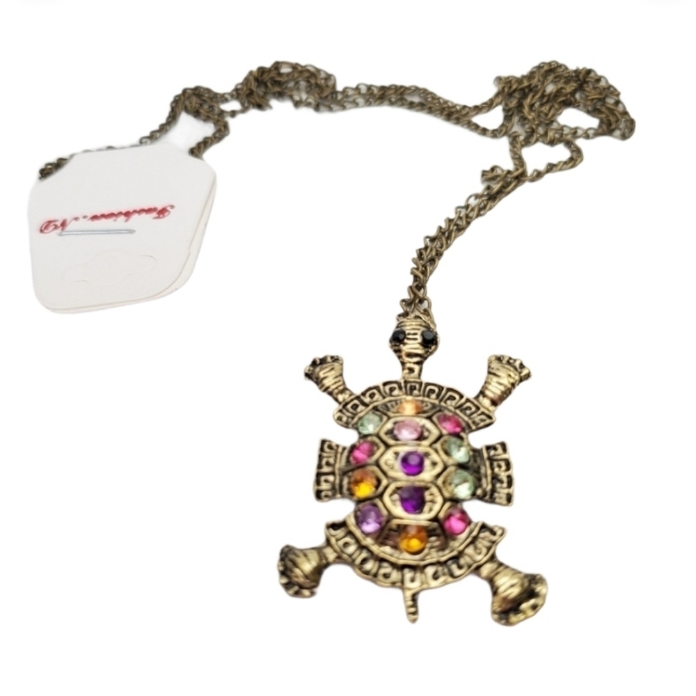 Antiqued gold tone Turtle Pendant Necklace  multi color *